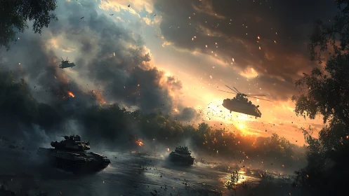 Stormlit battlefield scene captures tanks and helicopter in motion