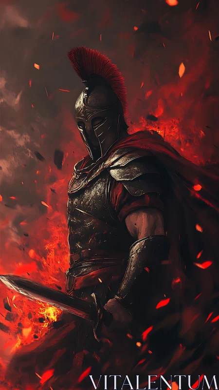 Flaming legionnaire in bronze armor amid swirling embers.