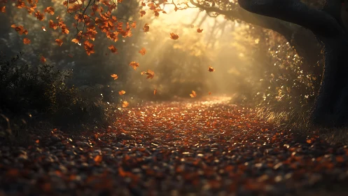 Golden forest path with falling autumn leaves at sunrise.