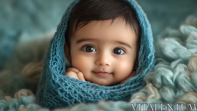 Sweet Child in Blue Wrap Gazes with Wonder