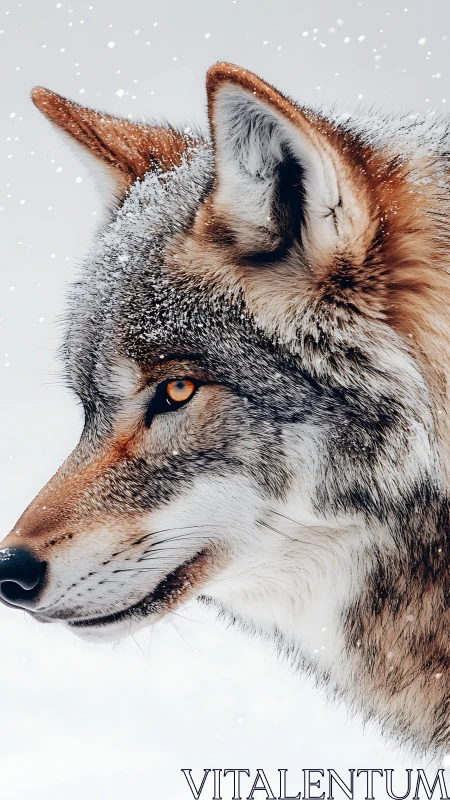 Lateral snow-dusted wolf profile with high-detail fur rendering.