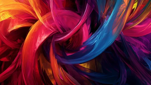 Interlaced multicolored digital brush strokes form curved bands