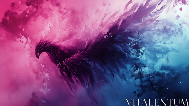 Abstract avian silhouette in pink and blue gradient field.