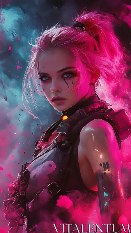 Neon-haired cyberpunk warrior stands in glowing color storm.