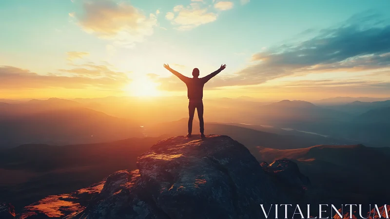 Silhouetted hiker on sunlit summit framed by wide dynamic sky