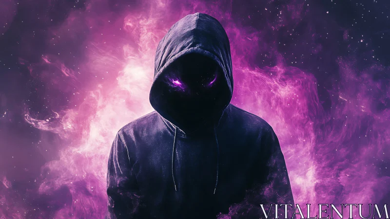 Mysterious hooded spirit glows within swirling violet nebula