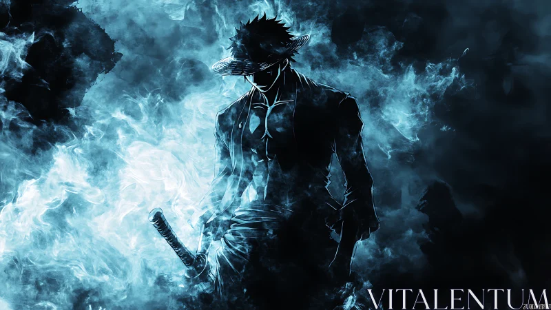 Smokeborne swordsman strides from the neon-shadowed void