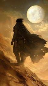 Cloaked wanderer climbs golden dune under colossal moon