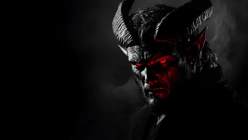 Shadowed horned figure with ember eyes in smoky darkness.