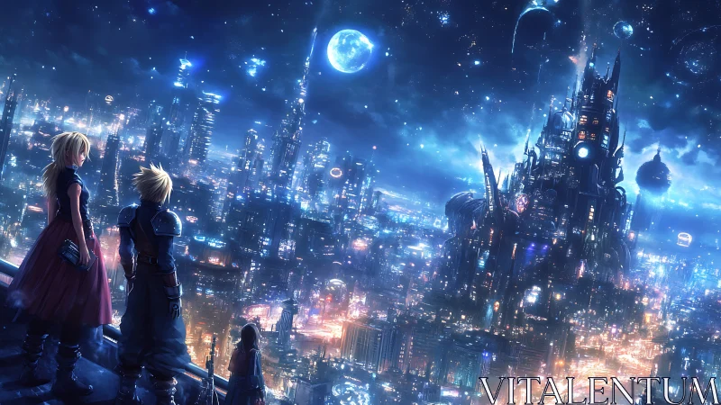 Starlit rebels gaze across a neon-drowned future citadel.