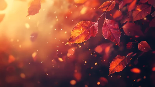 Backlit autumn leaves drift through shallow-depth bokeh field