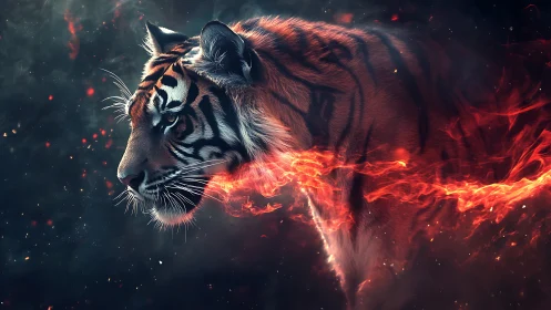 Tiger profile ignites with molten fire ribbon trail.