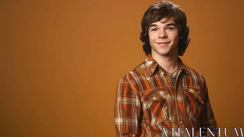 Studio portrait of smiling teen in retro plaid shirt on ochre