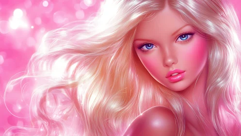 Hyperreal pink portrait renders luminous blonde hair in motion