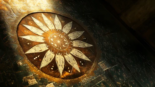 Sunlit gilded mandala floor with weathered lotus petals.