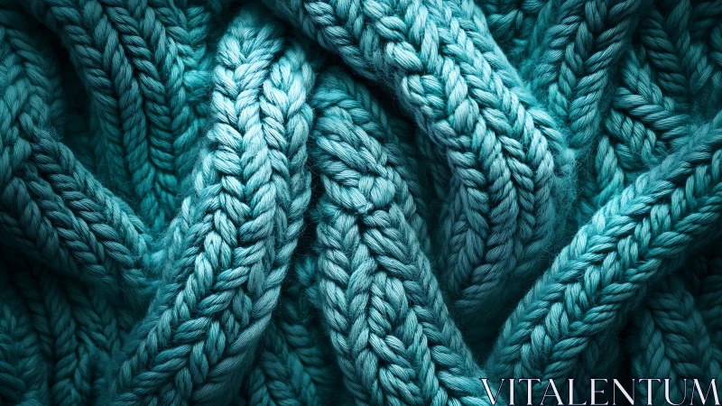 Macro optical study of intertwined cyan braided knit fibers.