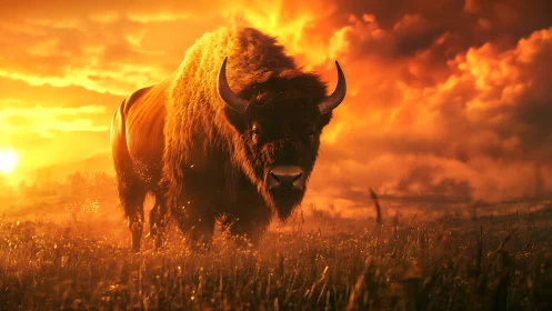 Backlit bison under volumetric sunset cloud dynamics.