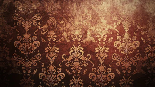 Vintage damask wallpaper shows ornate gold floral decay