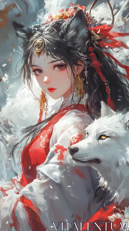 Fox-eared spirit girl stands guard with her loyal white wolf