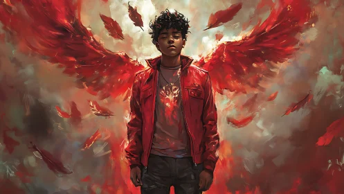 Crimson winged teen blazing through a storm of embers.