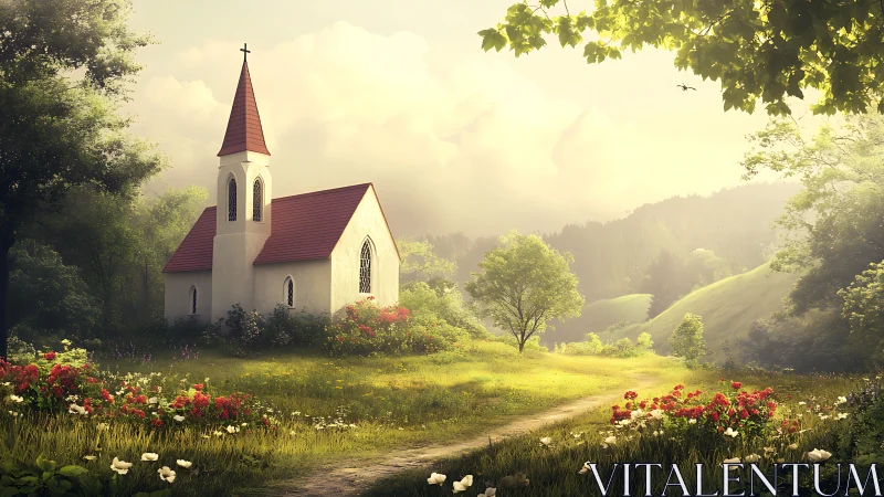 Sunlit country chapel rests quietly in a dreamy green valley