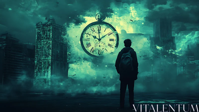 Lone traveler meets a giant glowing clock in misty ruins