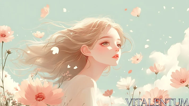 Ethereal pastel portrait of girl in windblown floral field