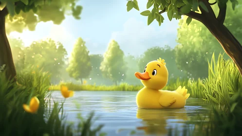 Sunny yellow duckling enjoys a peaceful river morning