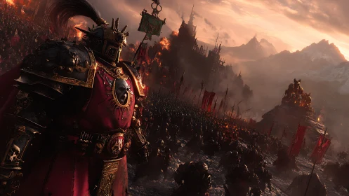 Warrior king leading a fiery army toward stormy horizons.