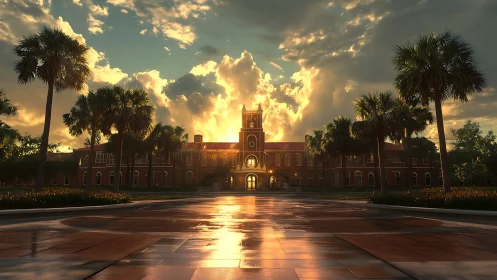Sunlit campus courtyard before red brick academic hall.