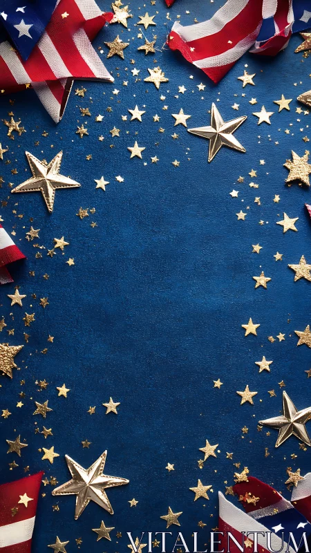 Golden stars sparkle around bold patriotic ribbons in blue