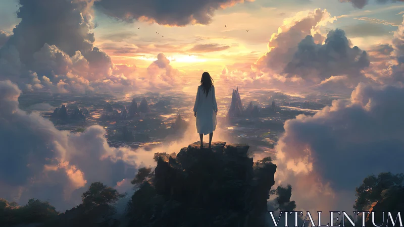 Solitary figure overlooking luminous cloud city at dawn.