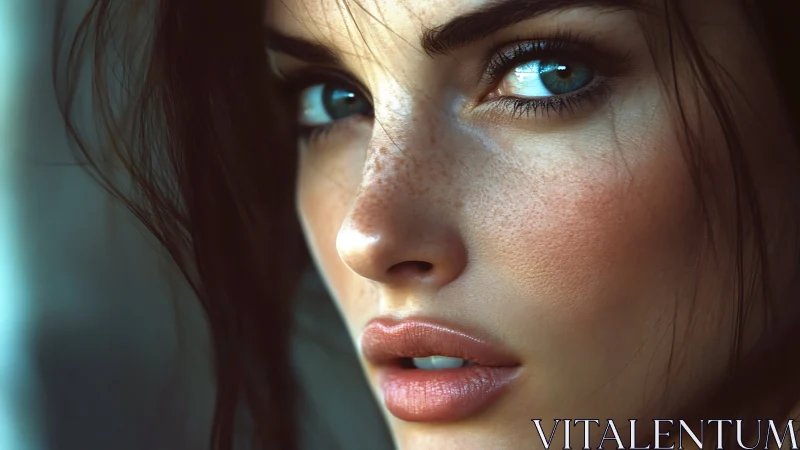 Photorealistic close-up portrait with intense teal eyes.