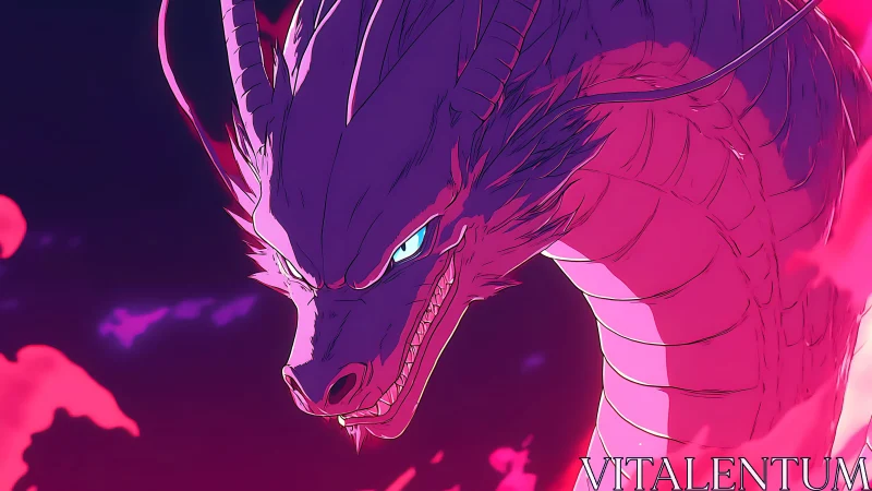 Crimson dragon coils through neon mist with blazing gaze.