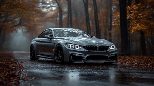 Sleek silver sports coupe resting on a misty autumn road.