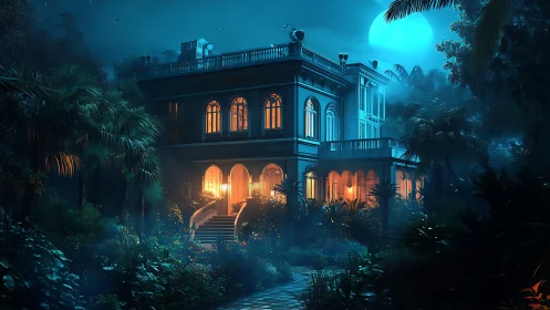 Moonlit mansion in dense tropical garden with warm lights
