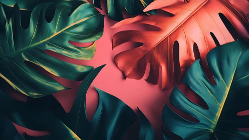 Digital painting of overlapping tropical monstera foliage.