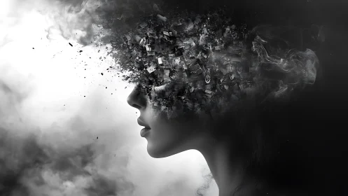 Surreal female profile dissolving into fragmented digital storm.