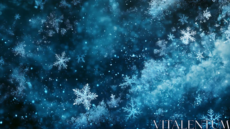 Blue winter background with detailed falling snowflakes.
