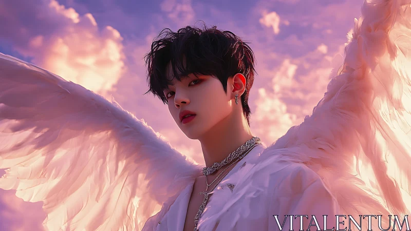 Ethereal winged youth poses under radiant pastel sunset sky