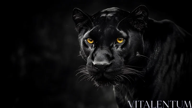 Black Panther Portrait with Amber Eyes Against Dark Background.