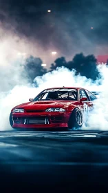 Red drift car slicing through neon smoke at nightfall.