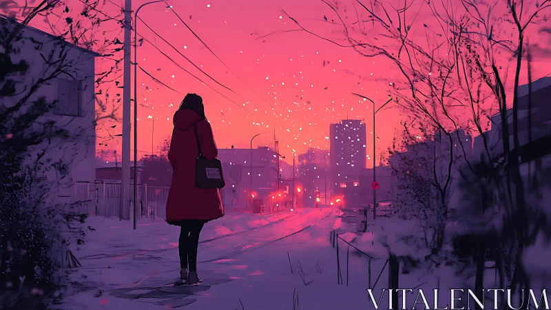 Twilight snowfall over quiet city street with lone figure.