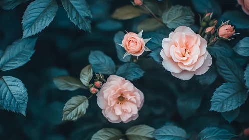 Peach roses flourish among teal foliage in garden composition