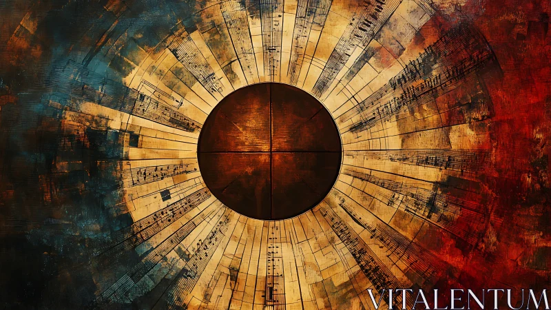 Circular musical score radiates from central dark brown disc