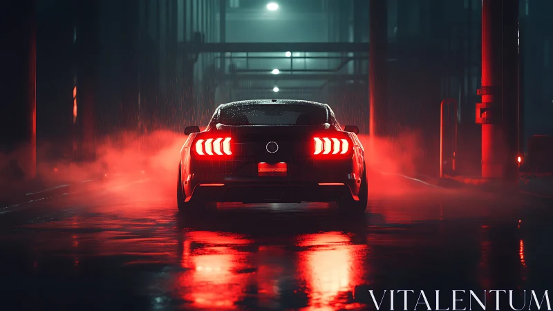 Rear-lit sports coupe in neon rain-soaked industrial tunnel.