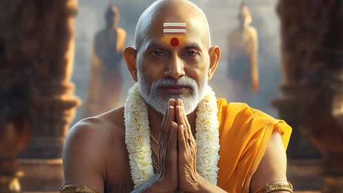 Gentle spiritual elder offering a heartfelt namaste greeting.