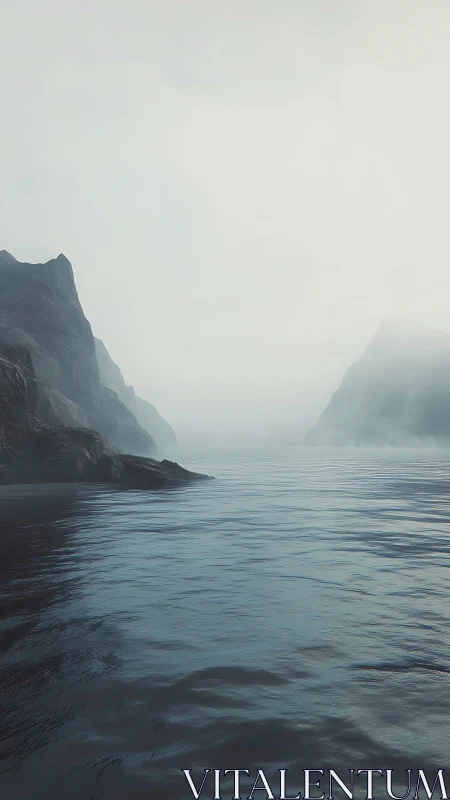 Fogbound coastal fjord with moody teal water and cliffs.
