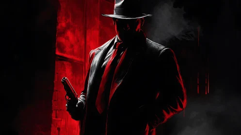 Silhouetted gunman in trench coat against red backlight.