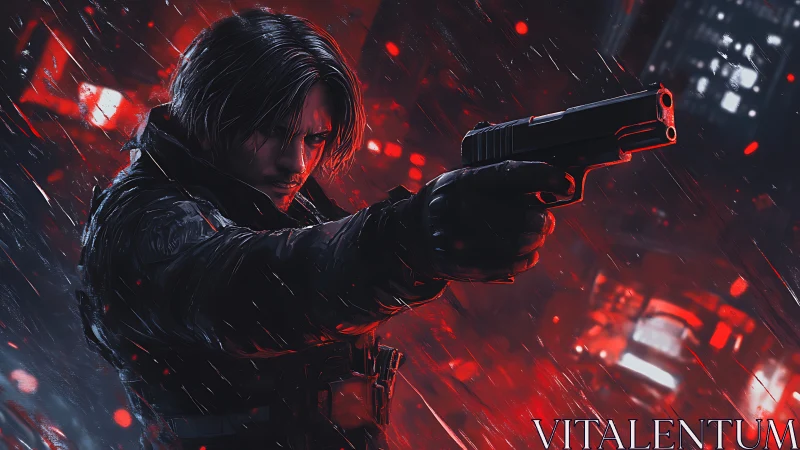 Armed figure aiming handgun in red lit rainy cityscape.
